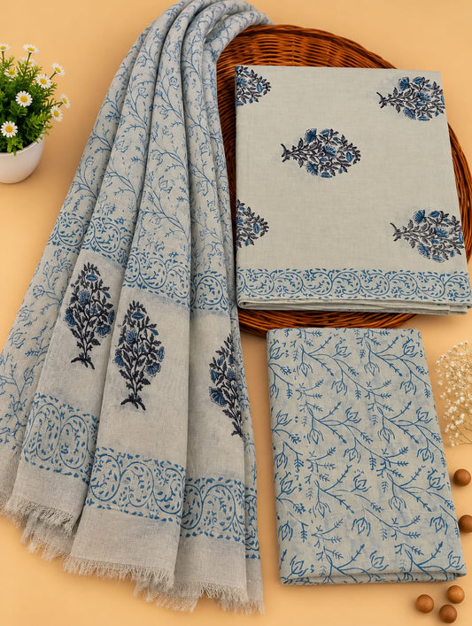 Grey & Blue Floral Booti Unstitched Cotton Suit Set with Chiffon Dupatta