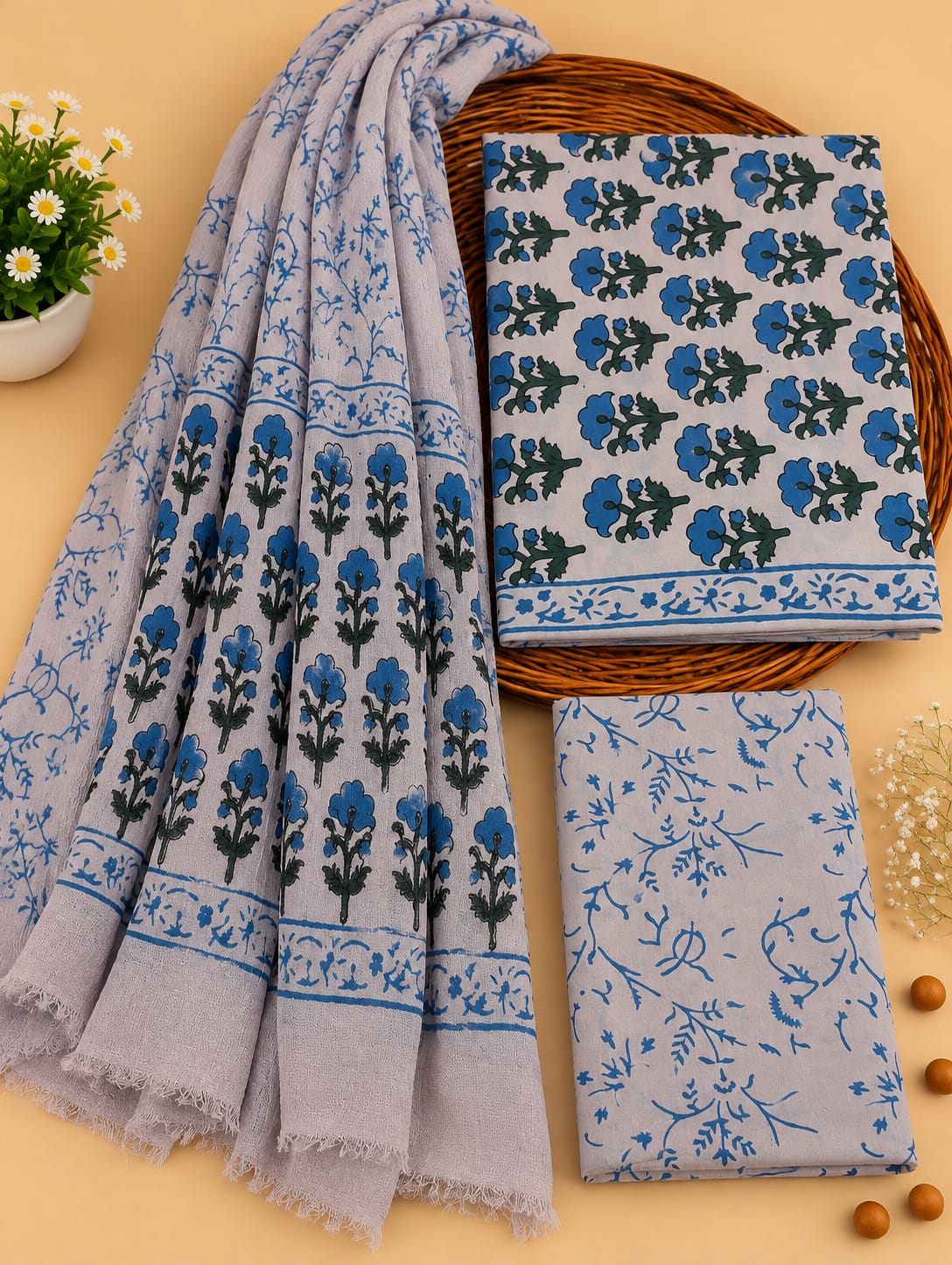 Grey & Blue Floral Booti Unstitched Cotton Suit Set with Chiffon Dupatta