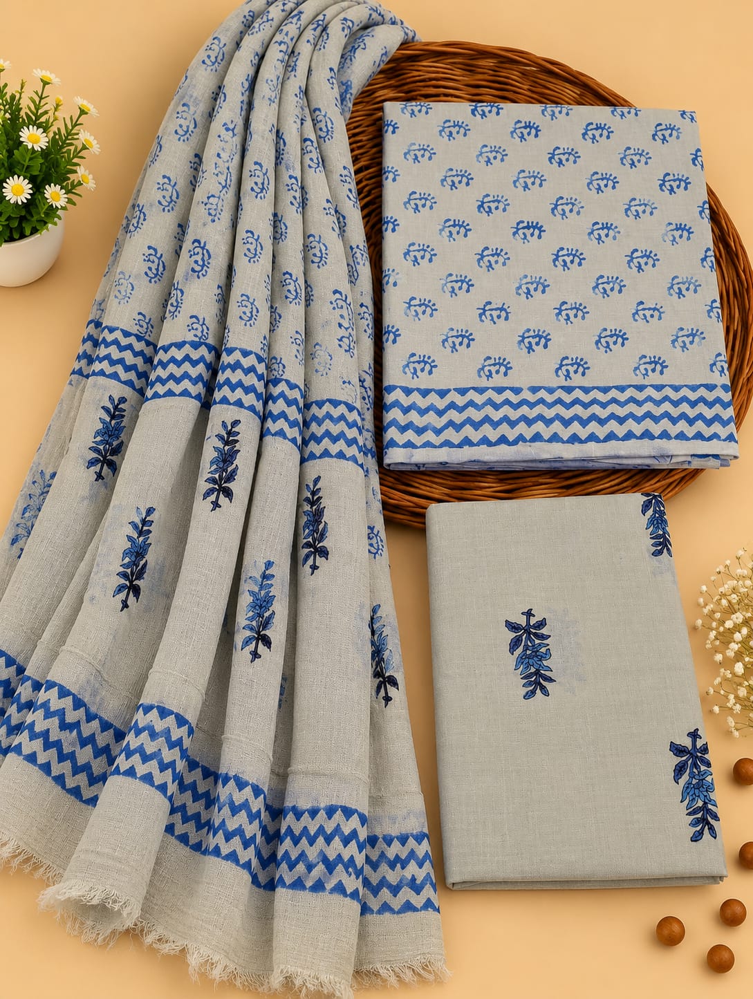 Grey & Blue Floral Booti Unstitched Cotton Suit Set with Chiffon Dupatta