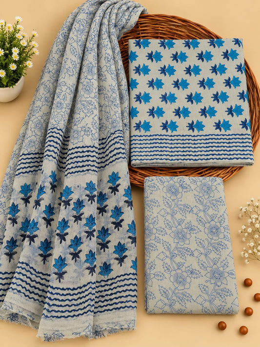 Grey & Blue Floral Booti Unstitched Cotton Suit Set with Chiffon Dupatta