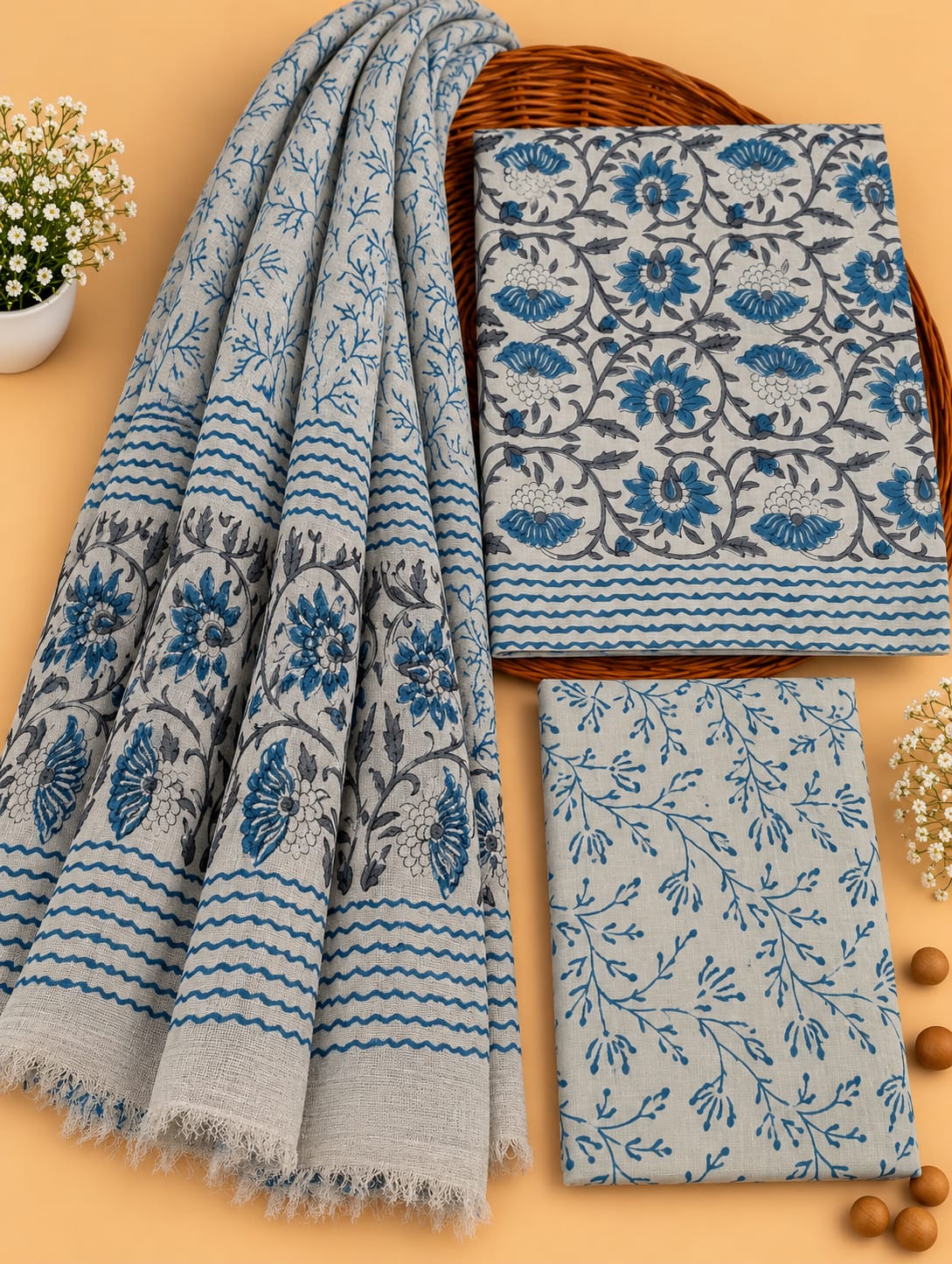 Grey & Blue Floral Jaal Unstitched Cotton Suit Set with Chiffon Dupatta