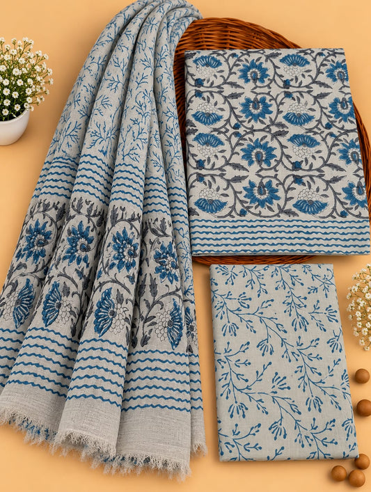 Grey & Blue Floral Jaal Unstitched Cotton Suit Set with Chiffon Dupatta