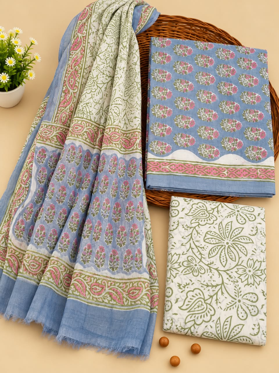 Blue & White Floral Booti Unstitched Cotton Suit Set with Chiffon Dupatta