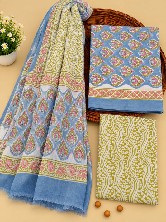 Powder Blue & Olive Green Traditional Motif Unstitched Cotton Suit Set with Chiffon Dupatta