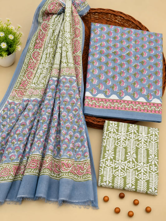 Blue & Green Floral Booti Unstitched Cotton Suit Set with Chiffon Dupatta