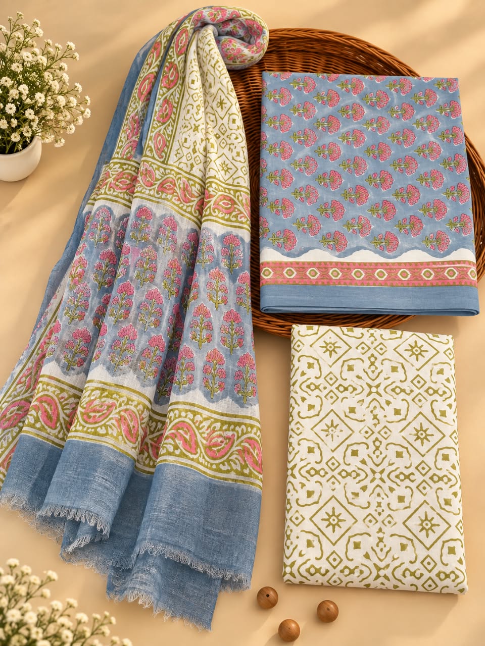 Grey & Blue Floral Booti Unstitched Cotton Suit Set with Chiffon Dupatta