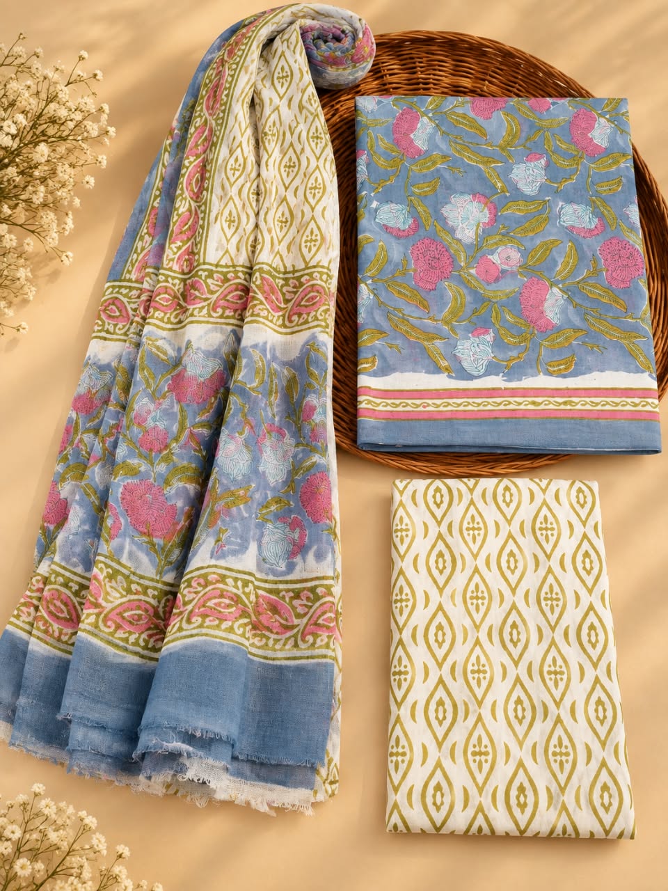 Grey & Blue Floral Jaal Unstitched Cotton Suit Set with Chiffon Dupatta