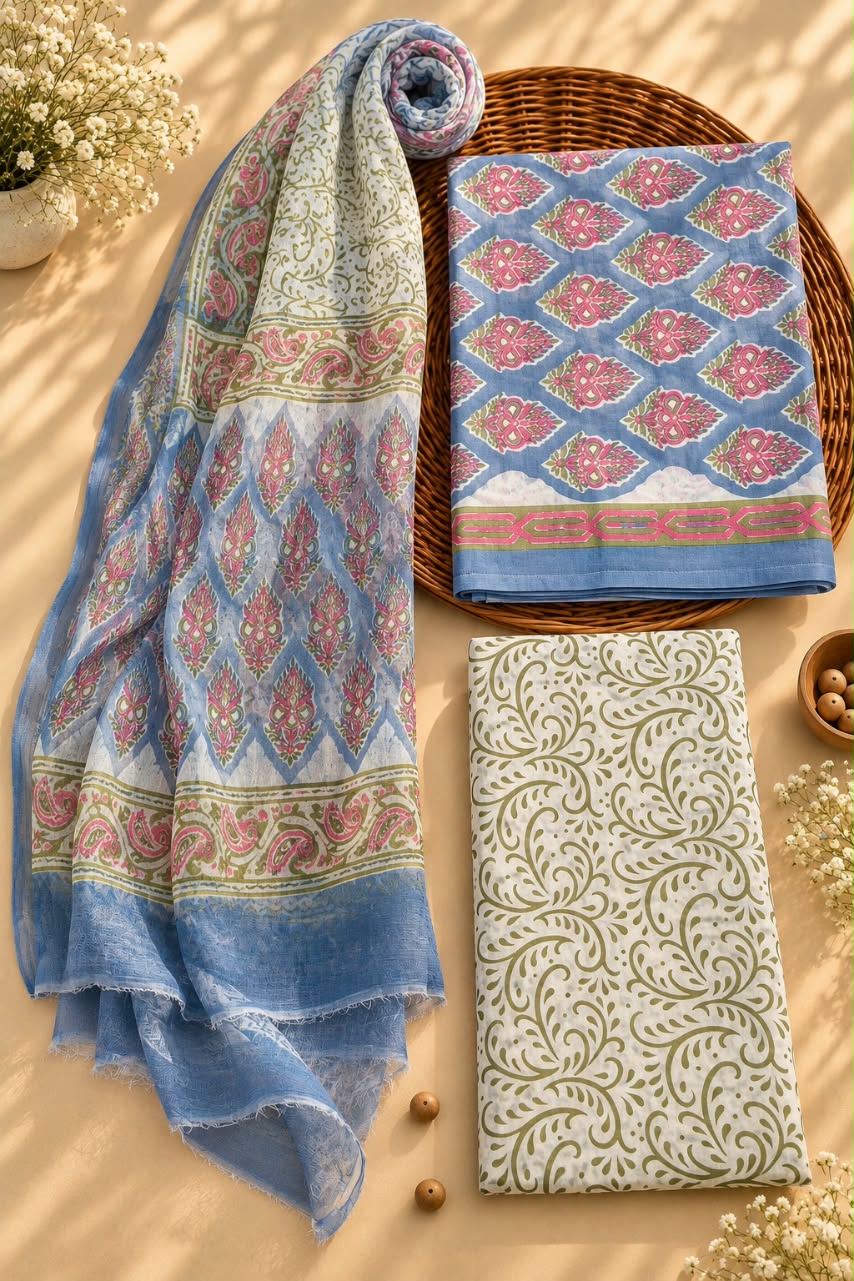 Blue & White Traditional Motif Unstitched Cotton Suit Set with Chiffon Dupatta