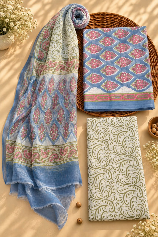 Blue & White Traditional Motif Unstitched Cotton Suit Set with Chiffon Dupatta