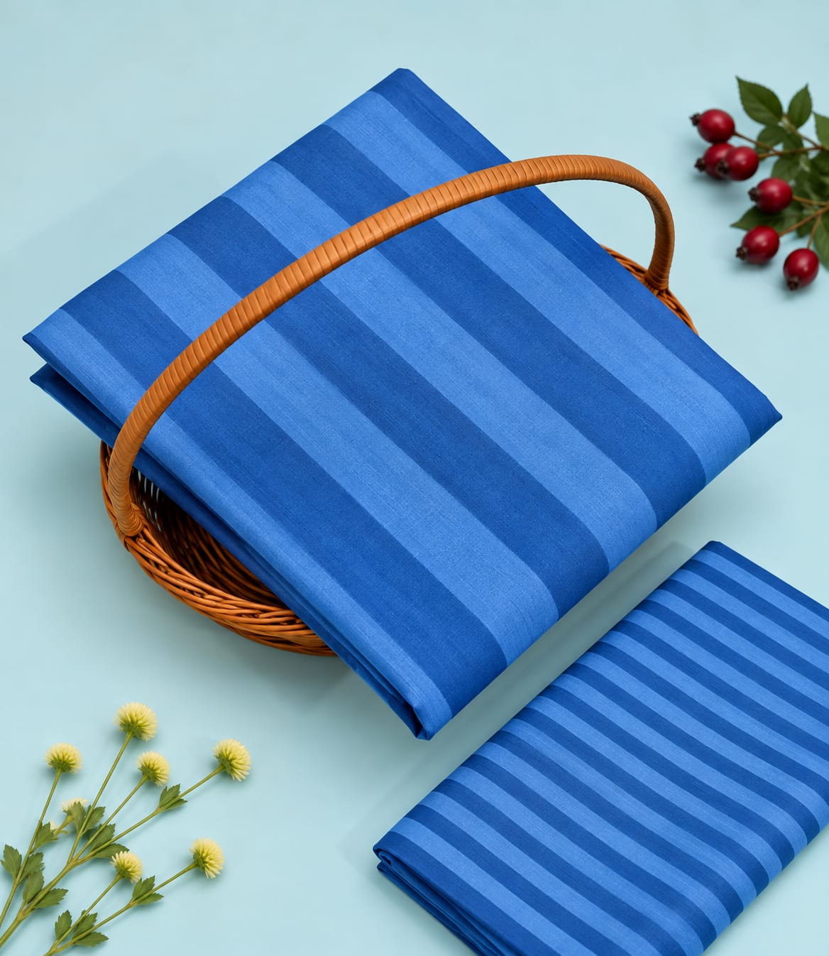 Indigo Blue Striped Pure Cotton Unstitched Kurta Pant Fabric Set