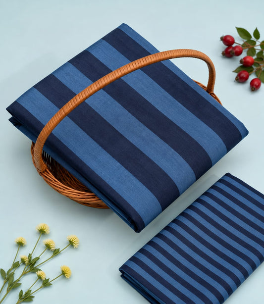 Indigo Blue Striped Pure Cotton Unstitched Kurta Pant Fabric Set