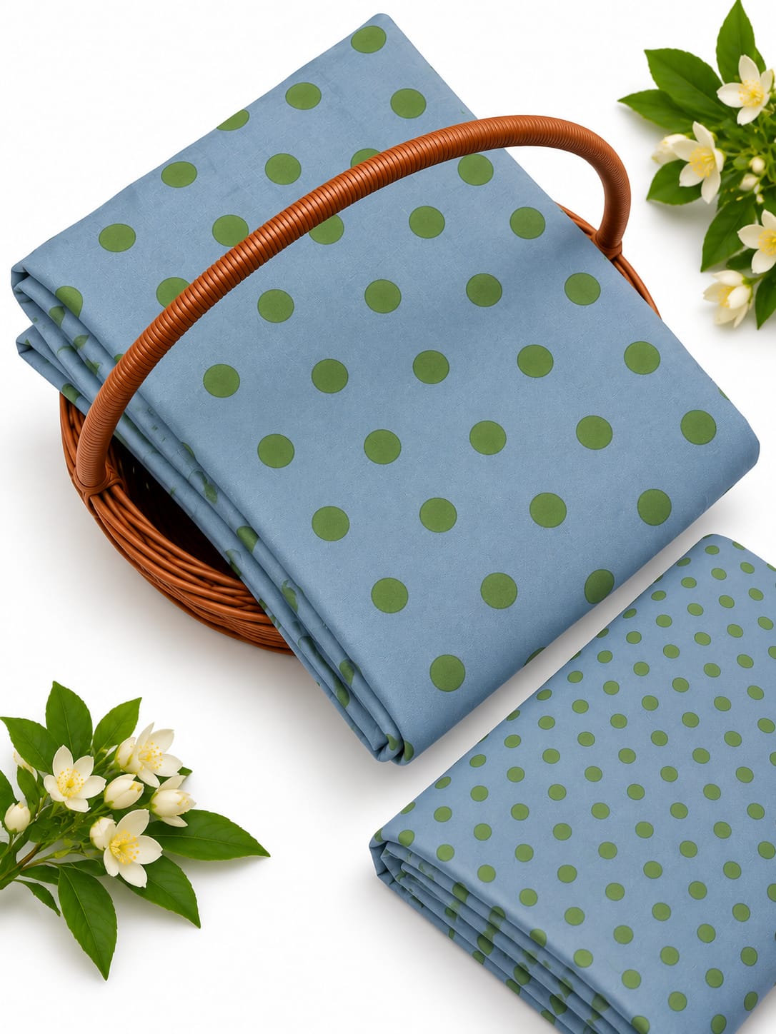 Indigo Blue Polka Dot Pure Cotton Unstitched Kurta Pant Fabric Set