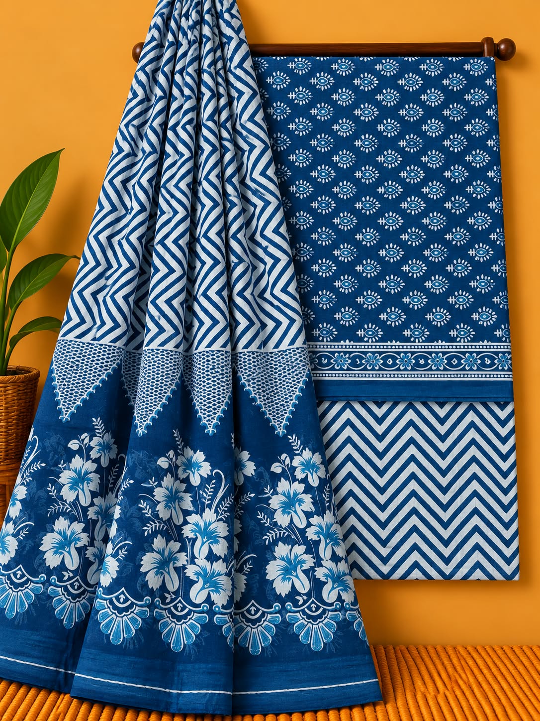 Indigo Blue Floral Booti Unstitched Cotton Screen Print Salwar Suit Set with Mul Cotton Dupatta