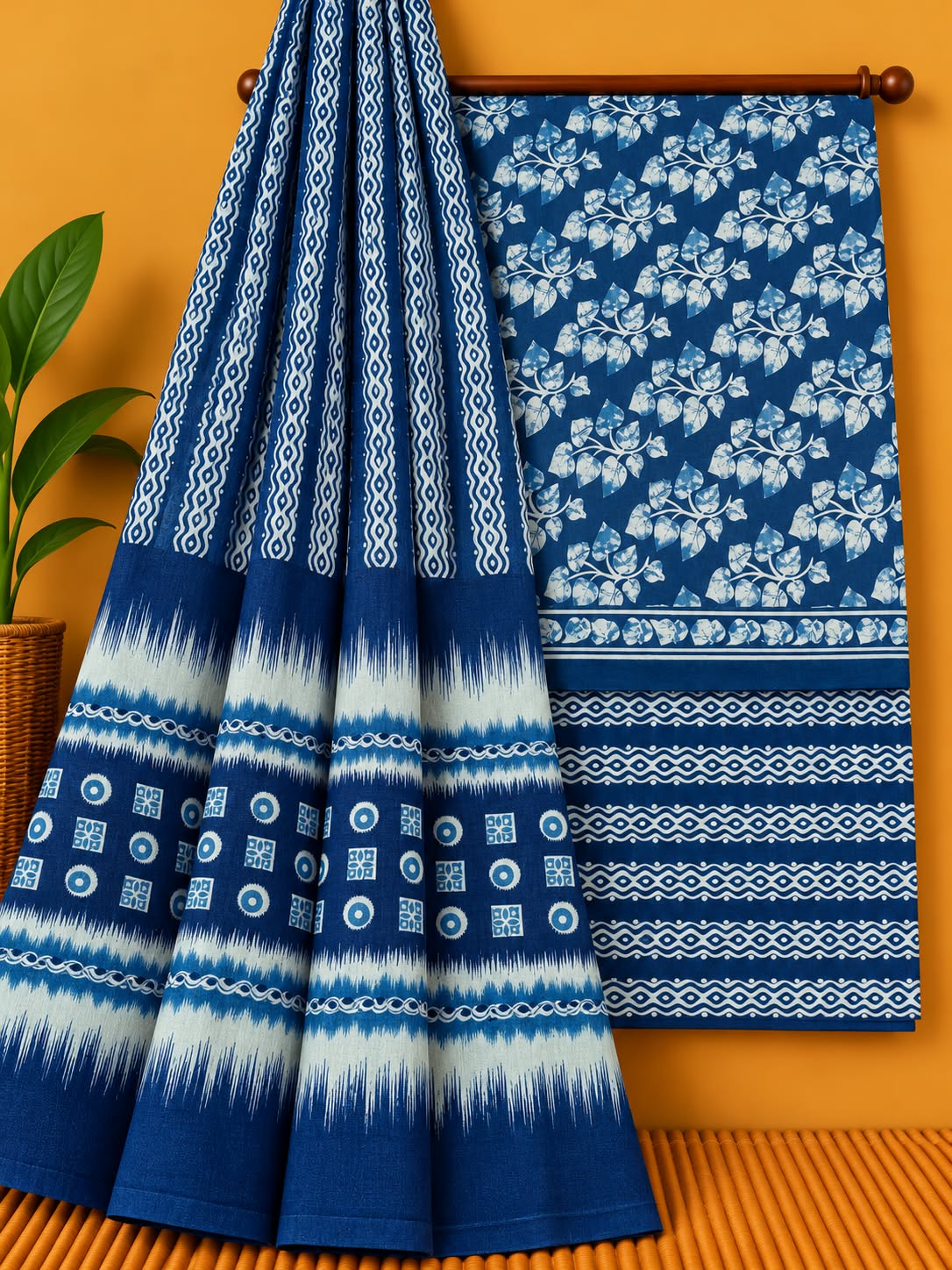 Indigo Blue Botanical Unstitched Cotton Screen Print Salwar Suit Set with Mul Cotton Dupatta