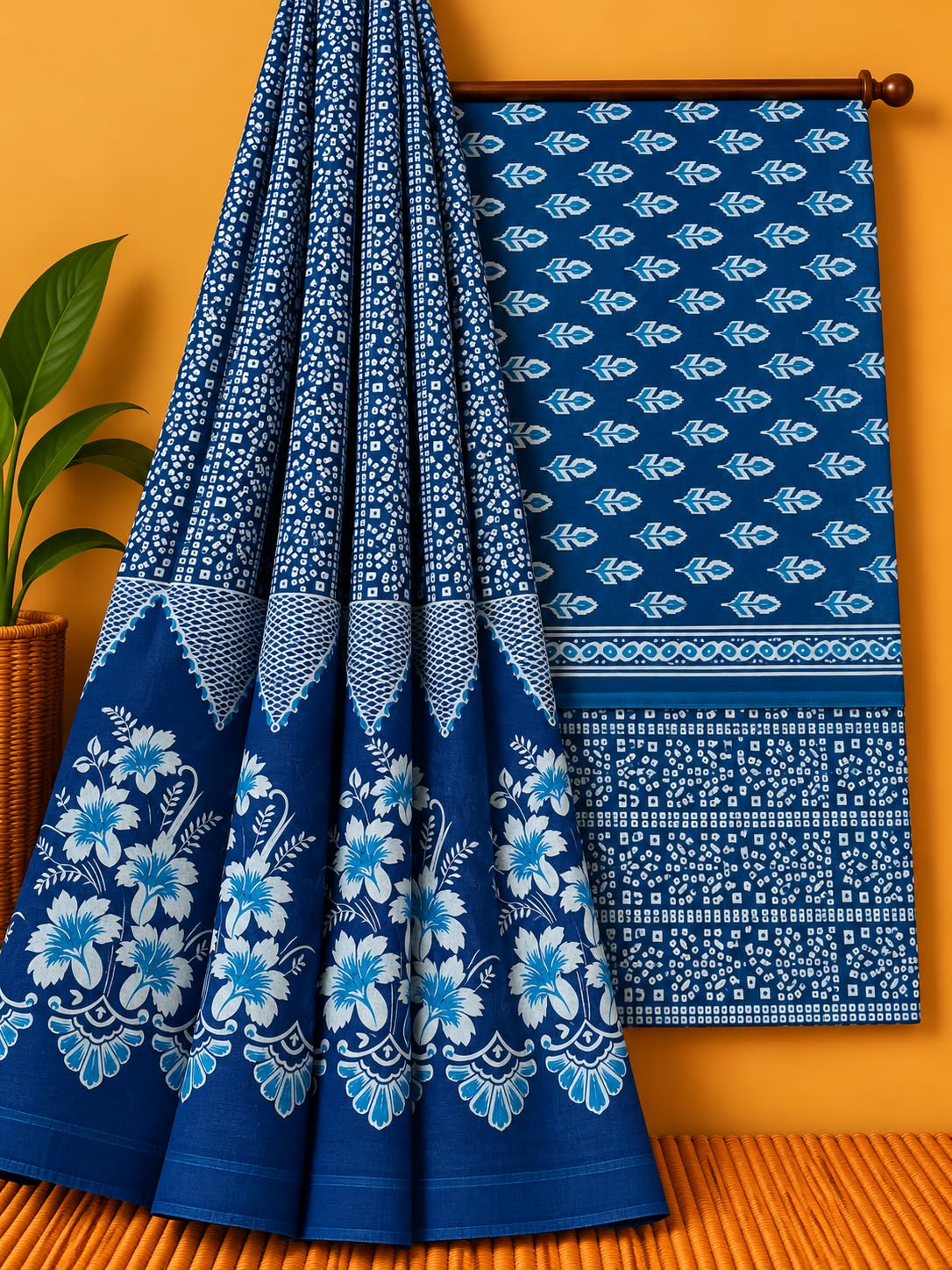 Indigo Blue Traditional Unstitched Cotton Screen Print Salwar Suit Set with Mul Cotton Dupatta