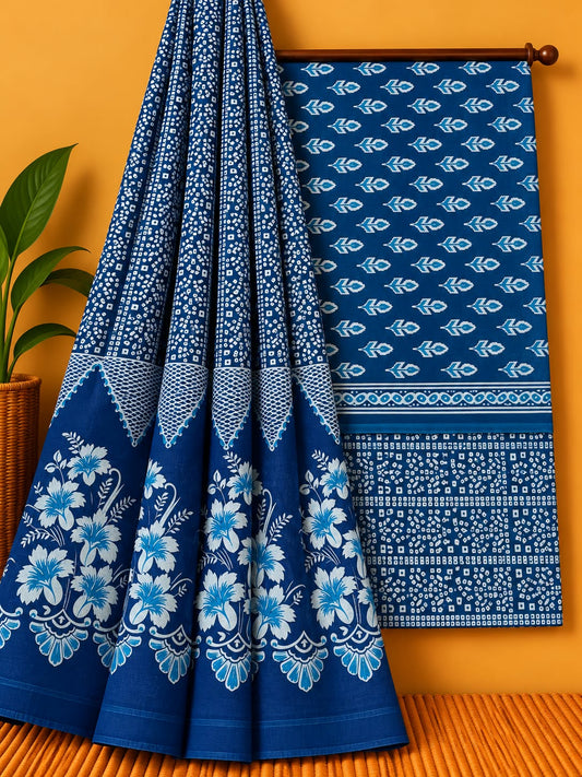 Indigo Blue Traditional Unstitched Cotton Screen Print Salwar Suit Set with Mul Cotton Dupatta