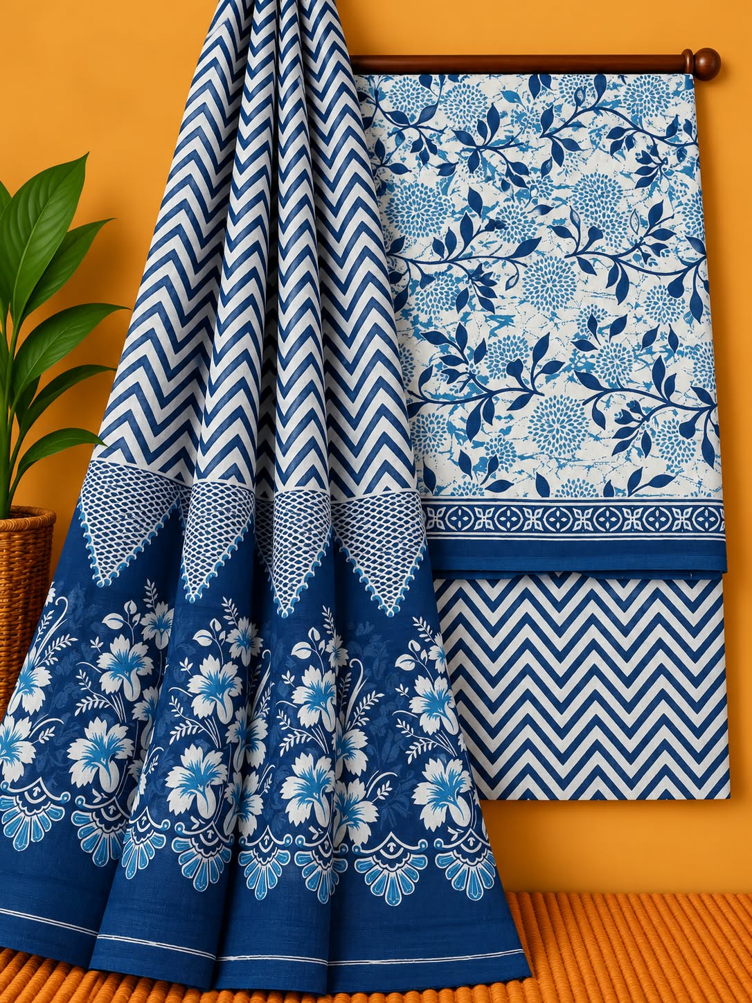 Indigo Blue Floral Jaal Unstitched Cotton Screen Print Salwar Suit Set with Mul Cotton Dupatta