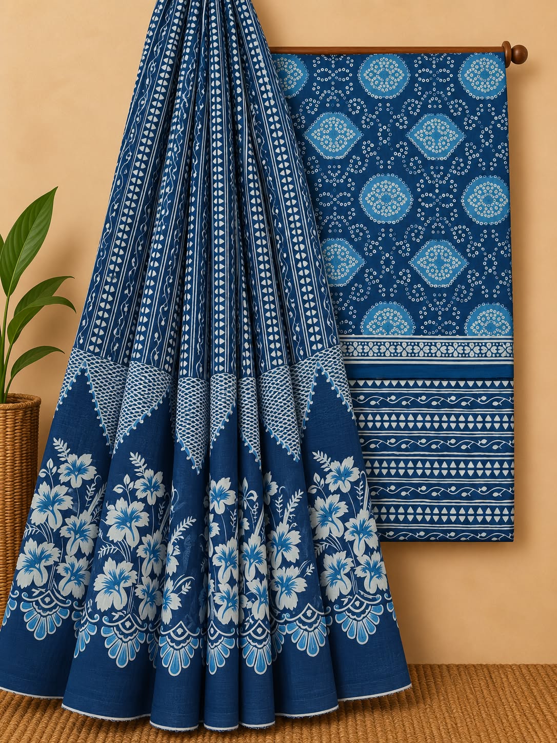 Indigo Blue Traditional Unstitched Cotton Screen Print Salwar Suit Set with Mul Cotton Dupatta