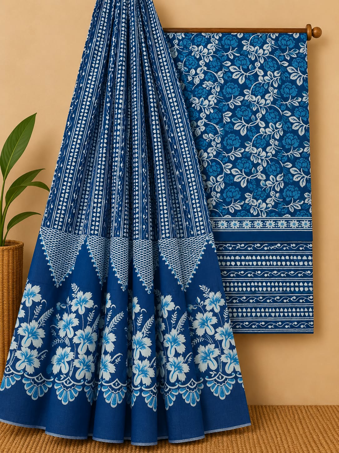 Indigo Blue Floral Jaal Unstitched Cotton Screen Print Salwar Suit Set with Mul Cotton Dupatta