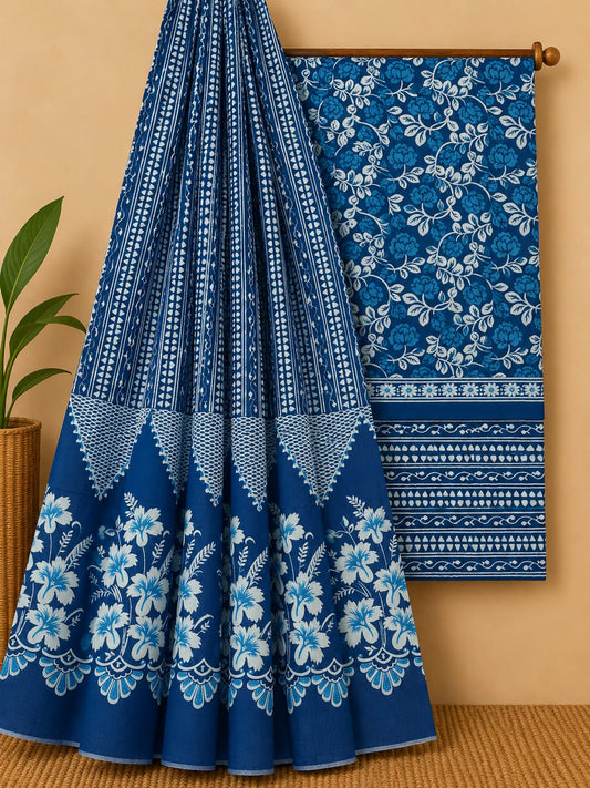 Indigo Blue Floral Jaal Unstitched Cotton Screen Print Salwar Suit Set with Mul Cotton Dupatta