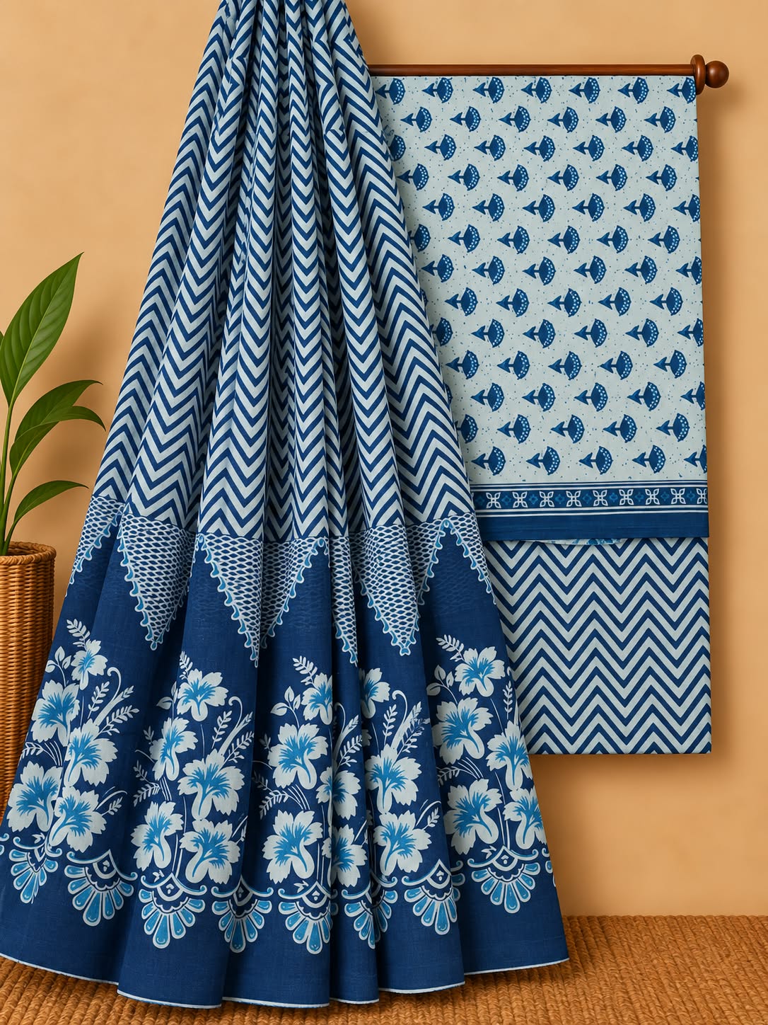 Indigo Blue Floral Booti Unstitched Cotton Screen Print Salwar Suit Set with Mul Cotton Dupatta