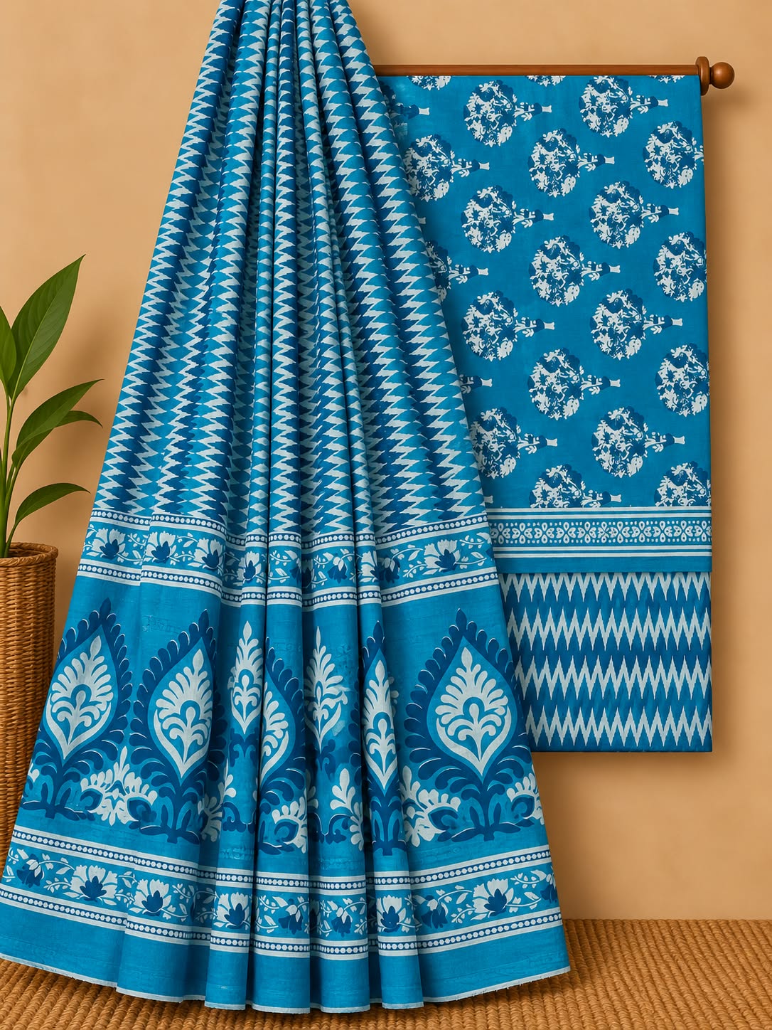 Indigo Blue Floral Booti Unstitched Cotton Screen Print Salwar Suit Set with Mul Cotton Dupatta