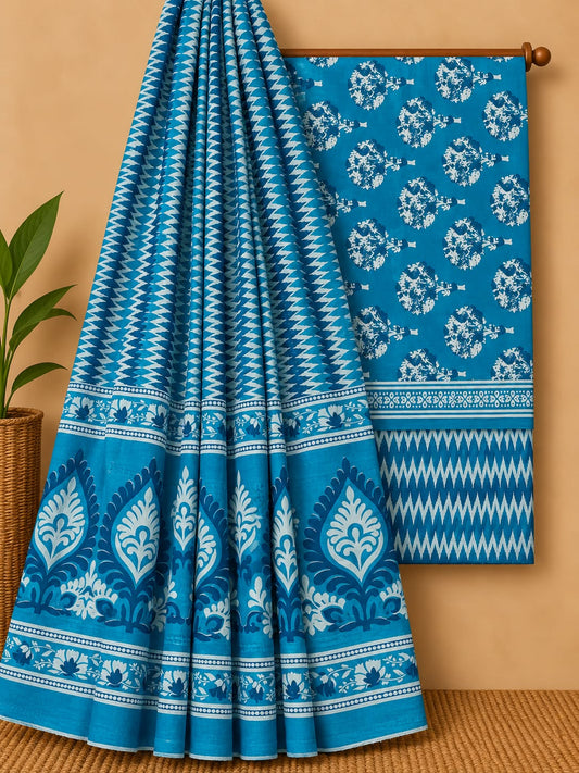 Indigo Blue Floral Booti Unstitched Cotton Screen Print Salwar Suit Set with Mul Cotton Dupatta