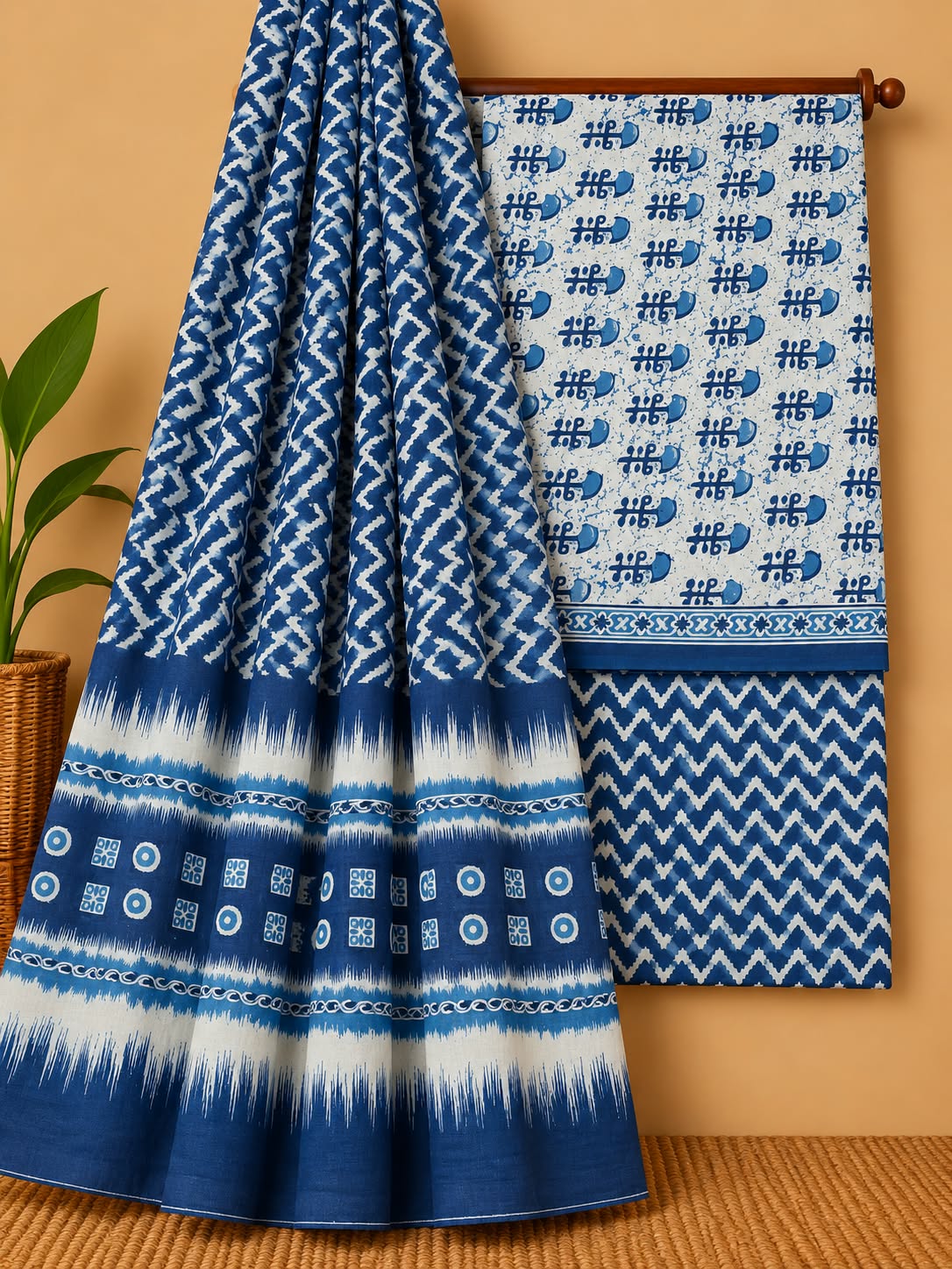 Indigo Blue Chevron Unstitched Cotton Screen Print Salwar Suit Set with Mul Cotton Dupatta