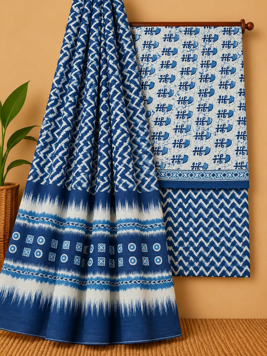 Indigo Blue Chevron Unstitched Cotton Screen Print Salwar Suit Set with Mul Cotton Dupatta