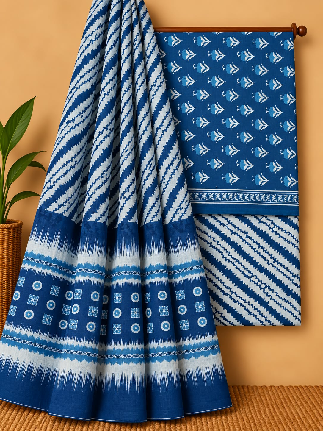 Indigo Blue Chevron Unstitched Cotton Screen Print Salwar Suit Set with Mul Cotton Dupatta