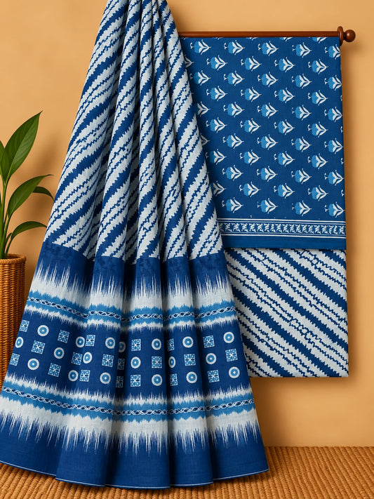 Indigo Blue Chevron Unstitched Cotton Screen Print Salwar Suit Set with Mul Cotton Dupatta