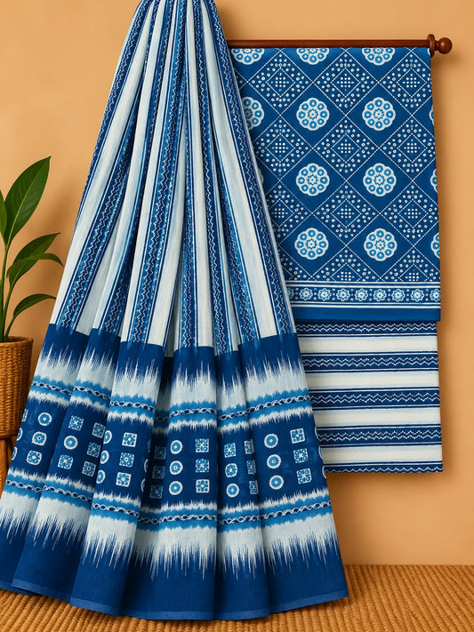 Indigo Blue Traditional Unstitched Cotton Screen Print Salwar Suit Set with Mul Cotton Dupatta