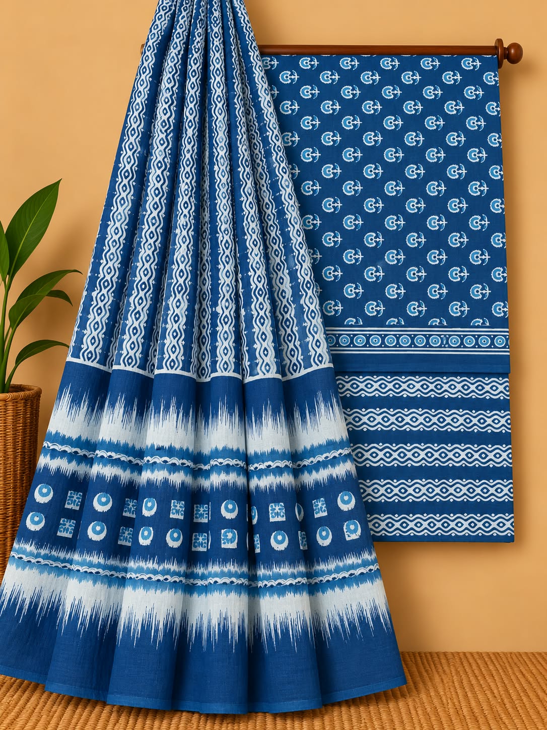 Indigo Blue Traditional Unstitched Cotton Screen Print Salwar Suit Set with Mul Cotton Dupatta
