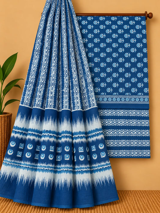 Indigo Blue Traditional Unstitched Cotton Screen Print Salwar Suit Set with Mul Cotton Dupatta