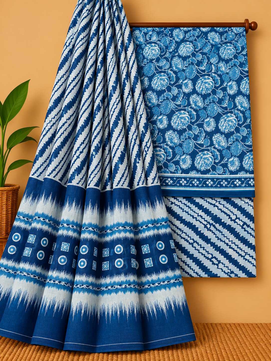 Indigo Blue Floral Jaal Unstitched Cotton Screen Print Salwar Suit Set with Mul Cotton Dupatta