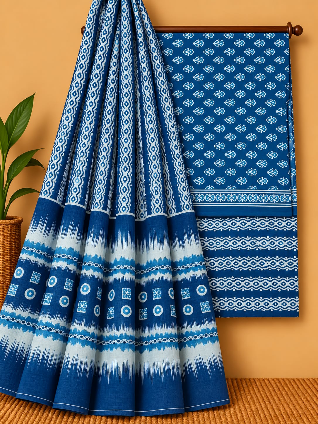 Indigo Blue Geometric Unstitched Cotton Screen Print Salwar Suit Set with Mul Cotton Dupatta
