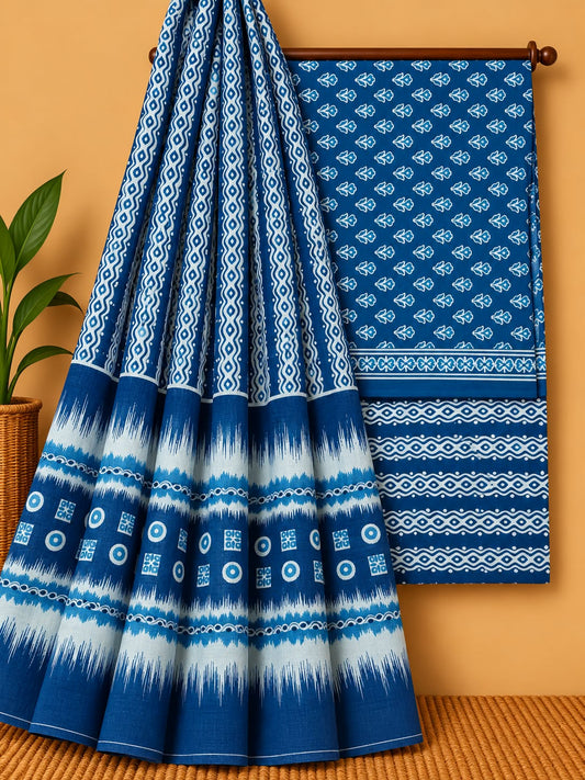 Indigo Blue Geometric Unstitched Cotton Screen Print Salwar Suit Set with Mul Cotton Dupatta