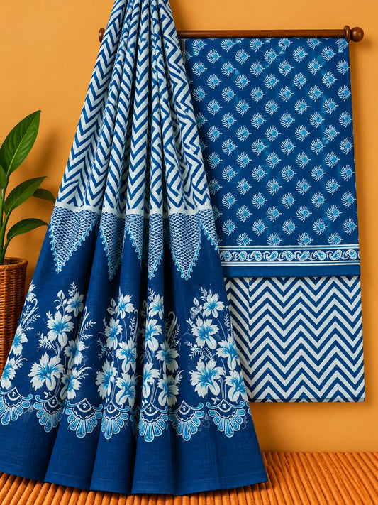 Indigo Blue Floral Booti Unstitched Cotton Screen Print Salwar Suit Set with Mul Cotton Dupatta