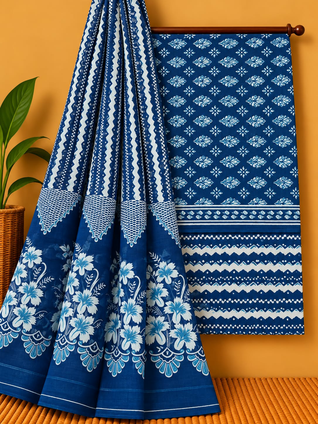 Indigo Blue Floral Booti Unstitched Cotton Screen Print Salwar Suit Set with Mul Cotton Dupatta