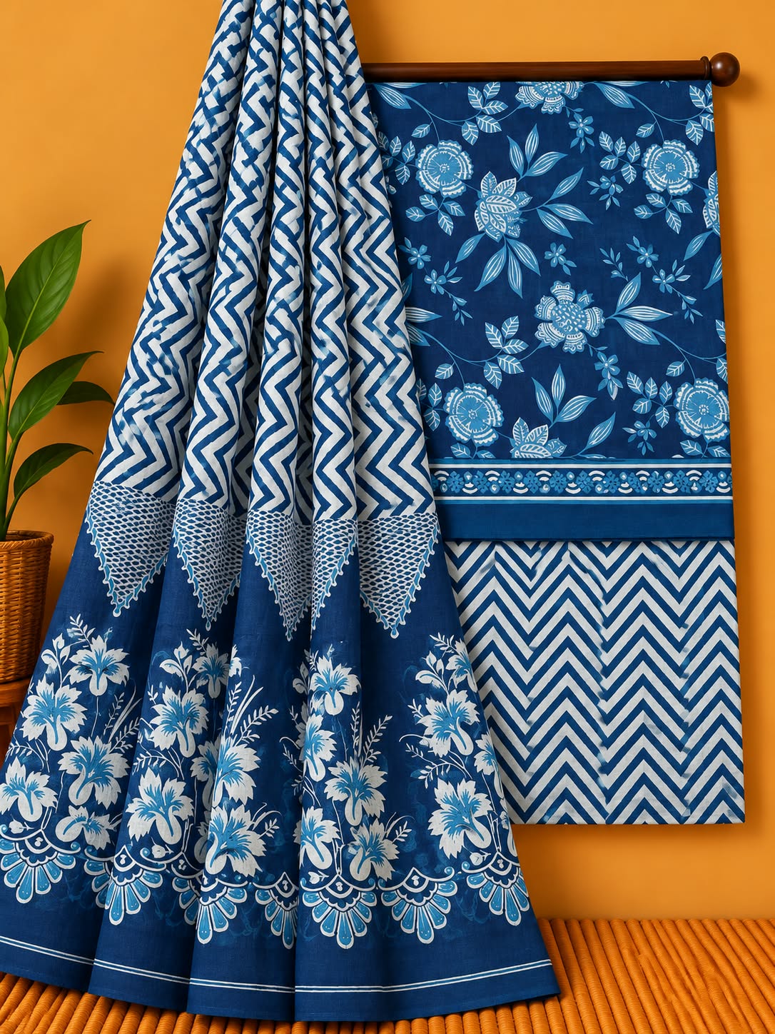 Indigo Blue Floral Jaal Unstitched Cotton Screen Print Salwar Suit Set with Mul Cotton Dupatta