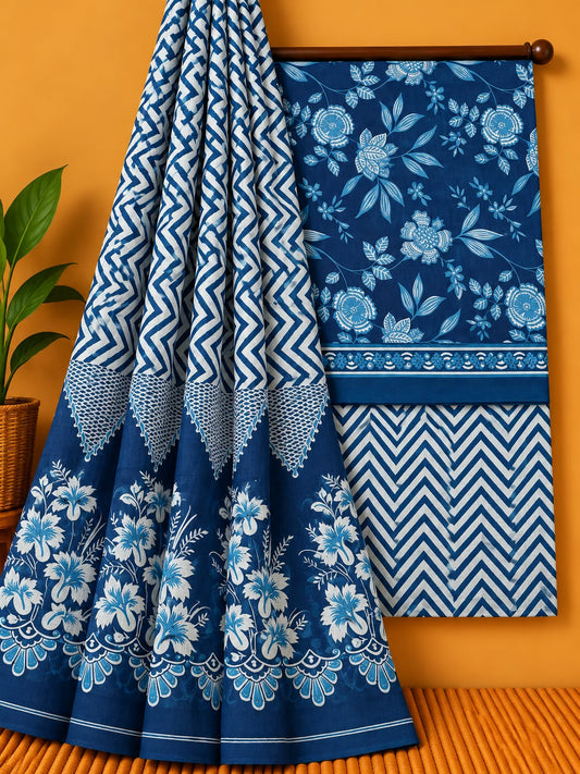 Indigo Blue Floral Jaal Unstitched Cotton Screen Print Salwar Suit Set with Mul Cotton Dupatta