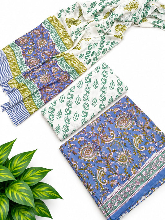 Indigo Paisley Cotton Suit Set with Chiffon Dupatta