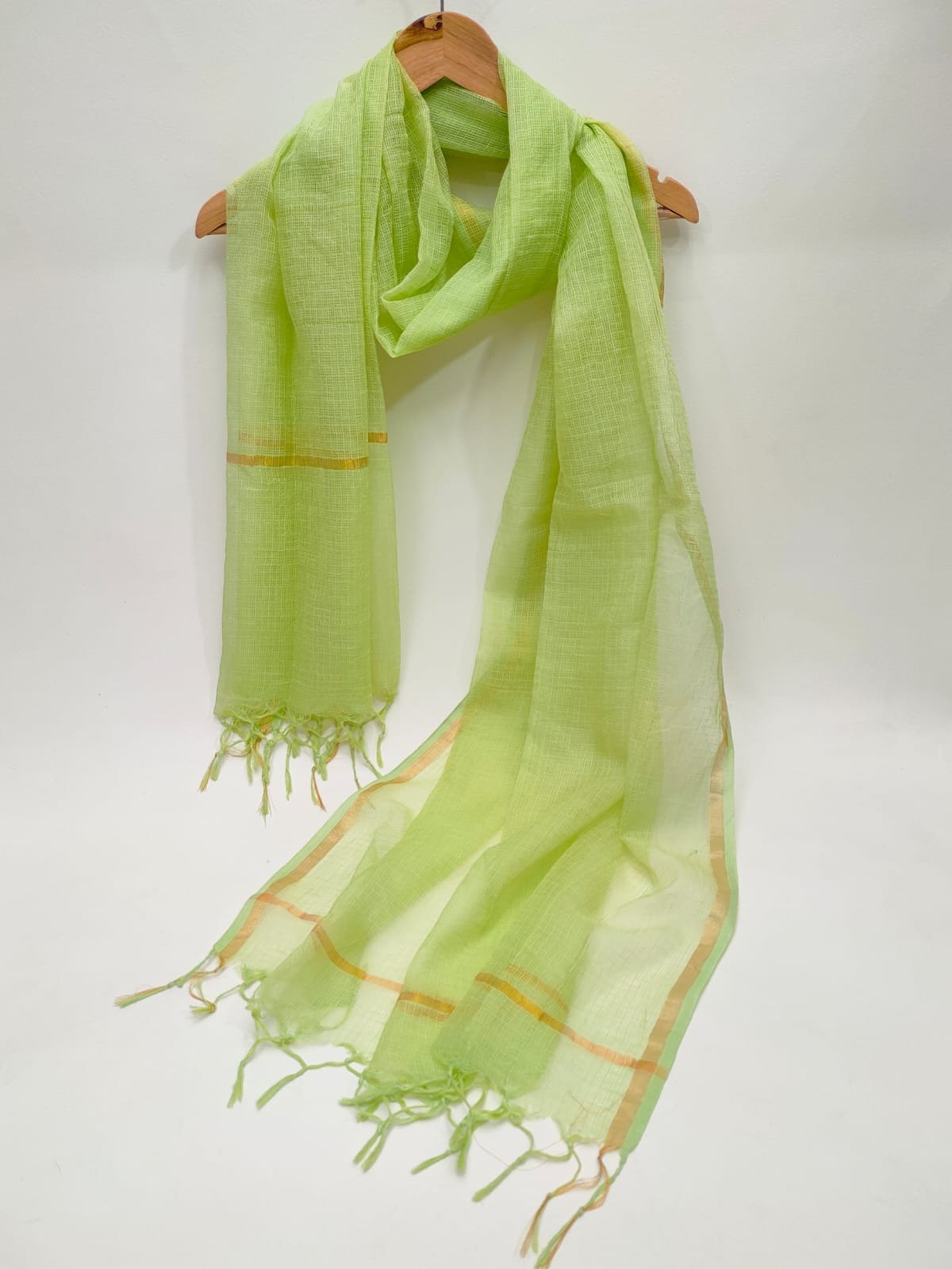 Lime green dupatta Kota Doriya gold border tassels