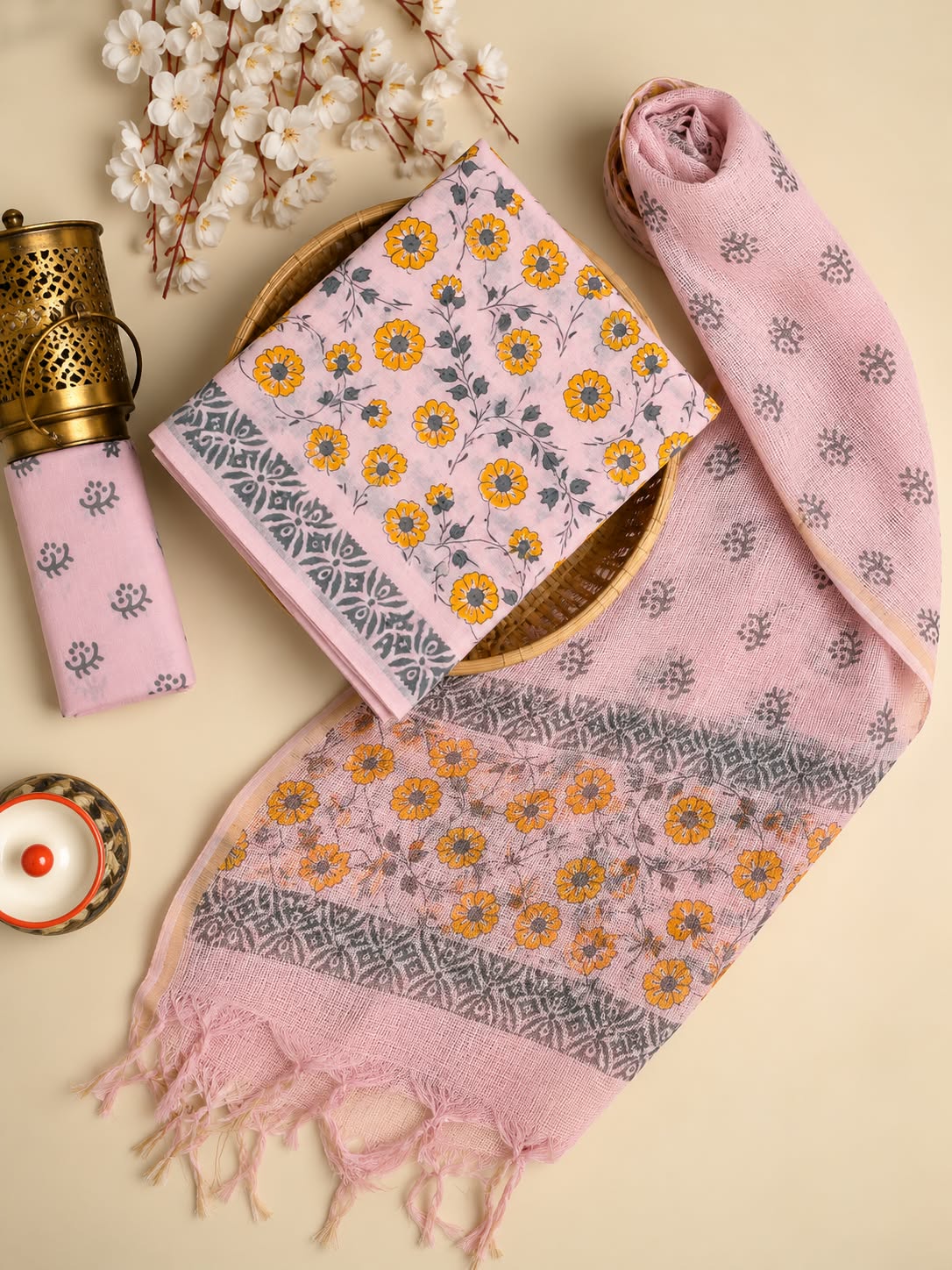 Pink & Yellow Floral Jaal Hand Block Cotton Salwar Suit Set with Kota Doriya Dupatta
