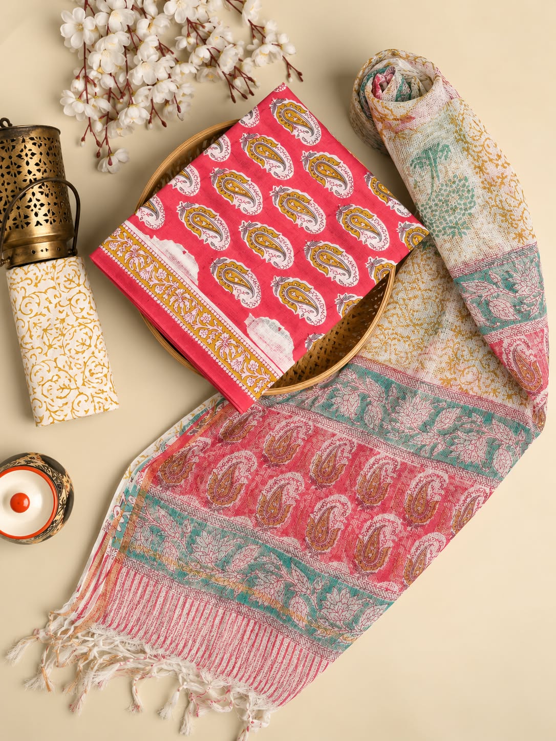 Rani Pink & Multi-Color Paisley Hand Block Cotton Salwar Suit Set with Kota Doriya Dupatta