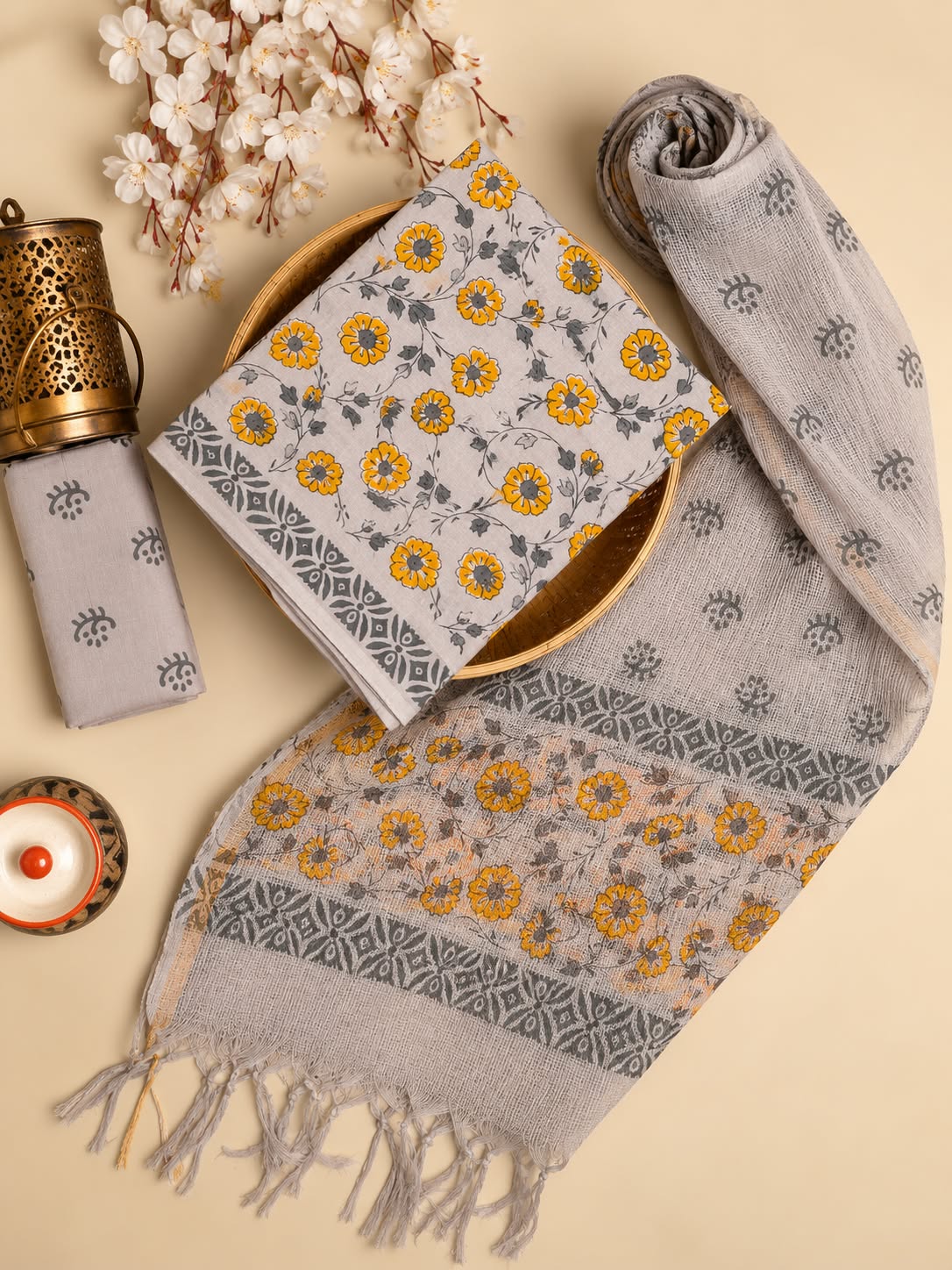 Grey & Yellow Floral Jaal Hand Block Cotton Salwar Suit Set with Kota Doriya Dupatta