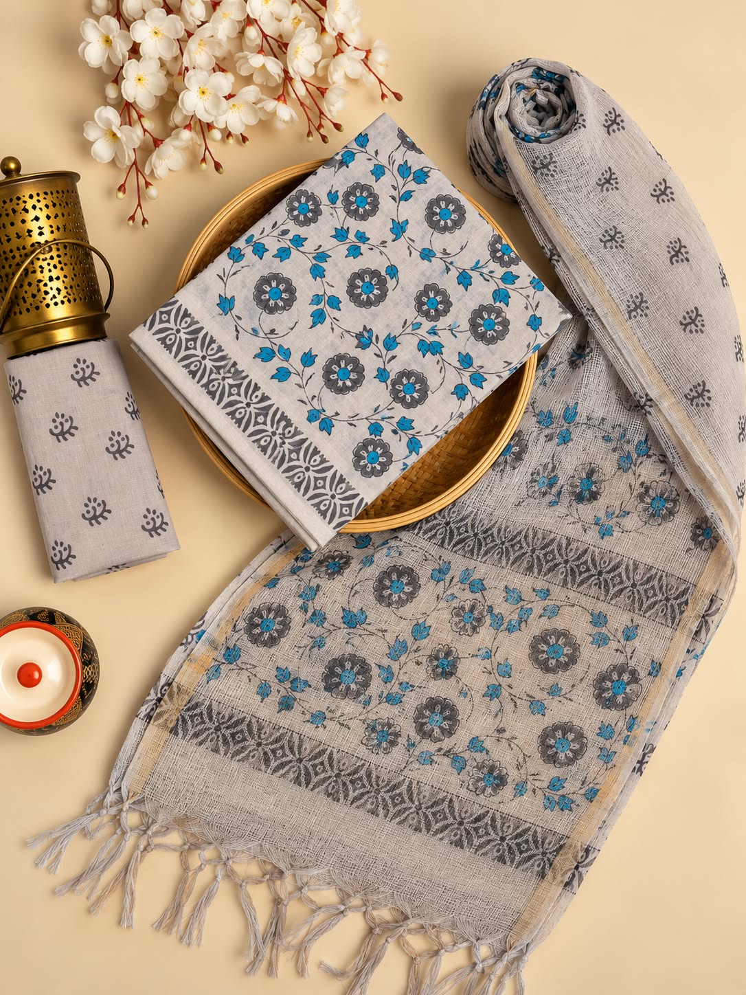Grey & Blue Floral Jaal Hand Block Cotton Salwar Suit Set with Kota Doriya Dupatta