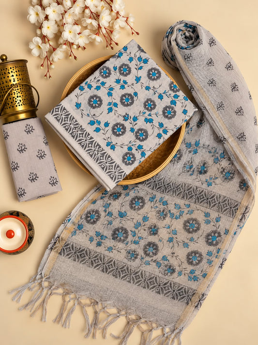 Grey & Blue Floral Jaal Hand Block Cotton Salwar Suit Set with Kota Doriya Dupatta