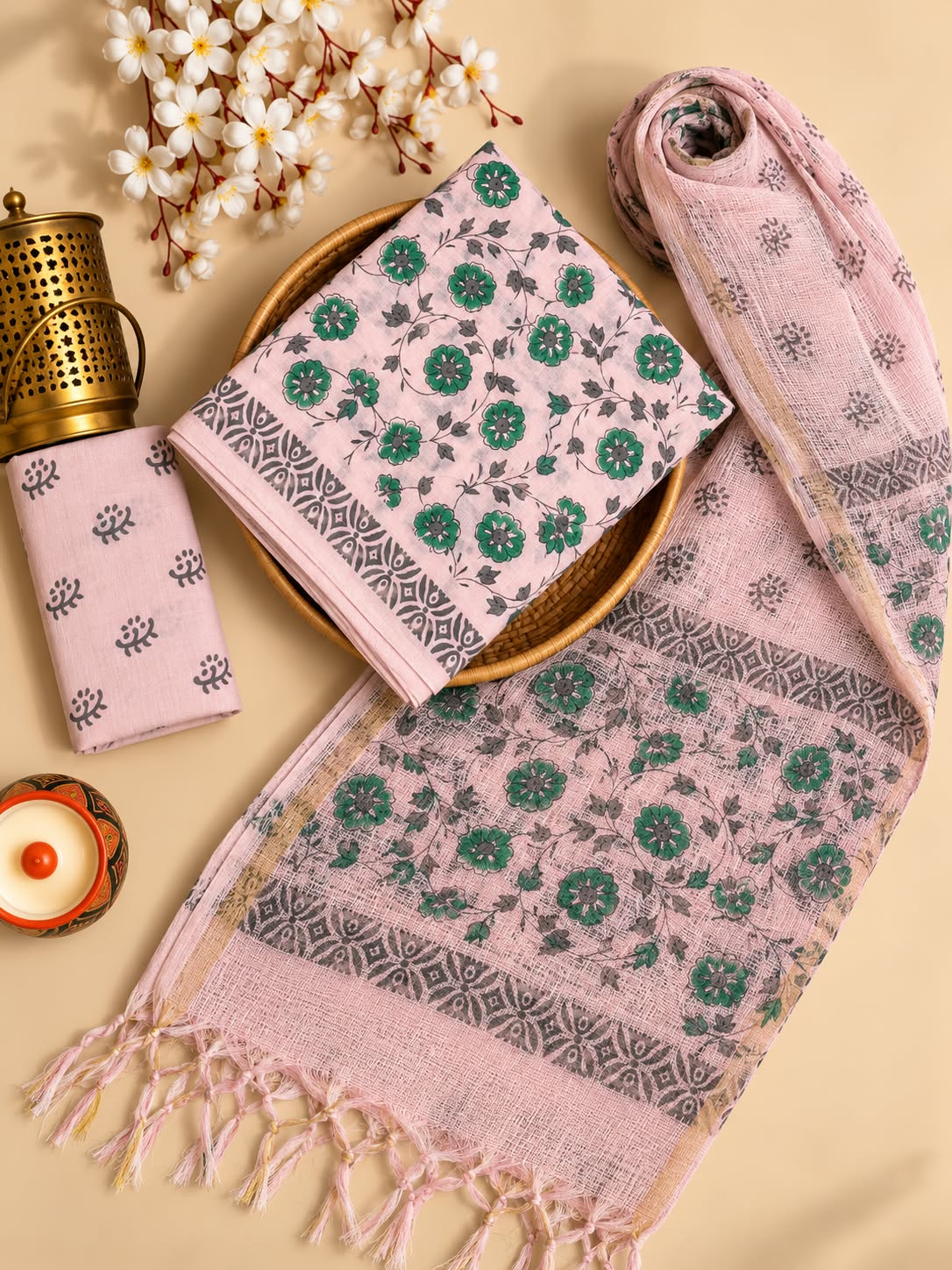 Baby Pink & Green Floral Jaal Hand Block Cotton Salwar Suit Set with Kota Doriya Dupatta