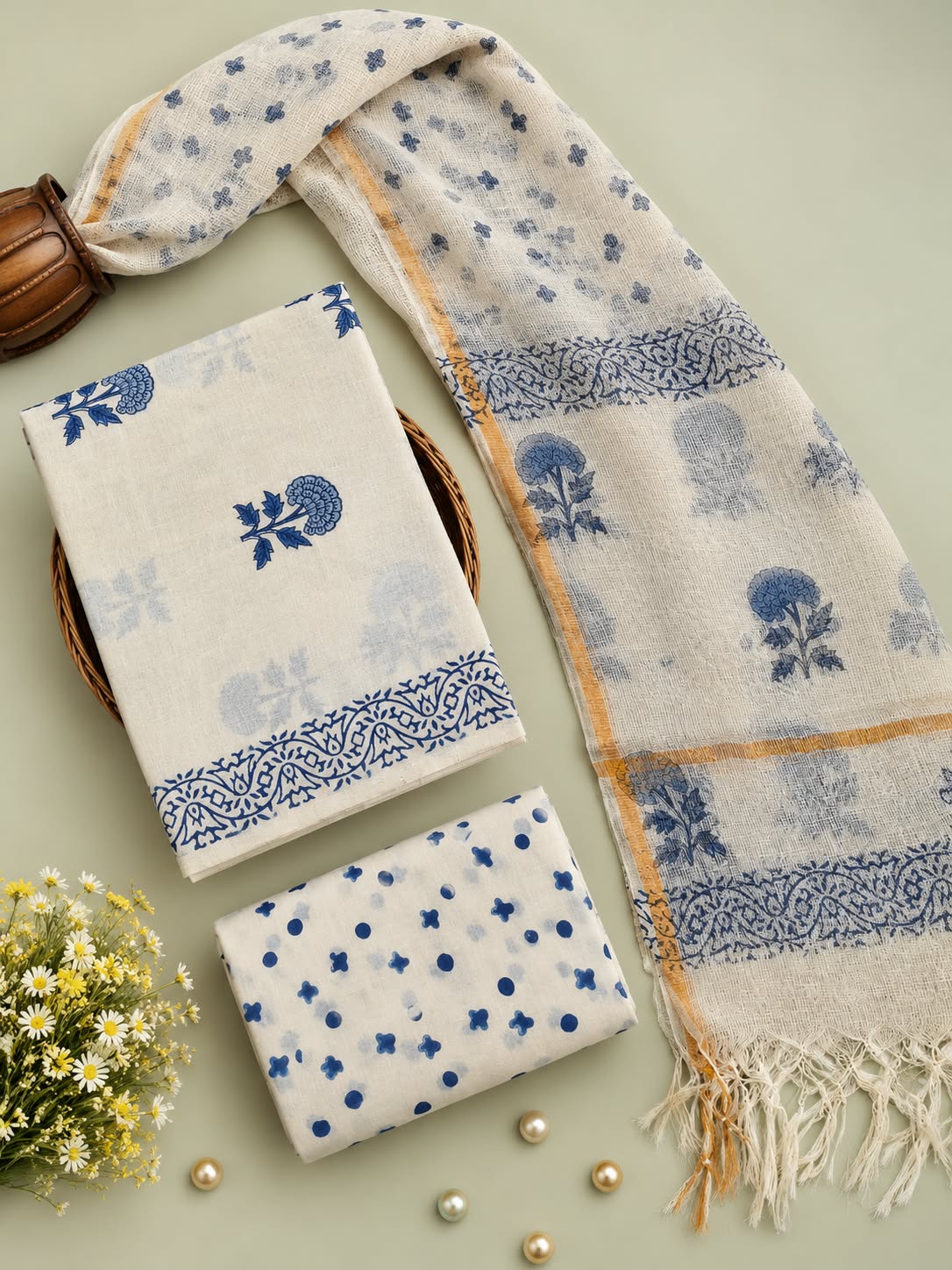 Off-White & Blue Floral Booti Hand Block Cotton Salwar Suit Set with Kota Doriya Dupatta
